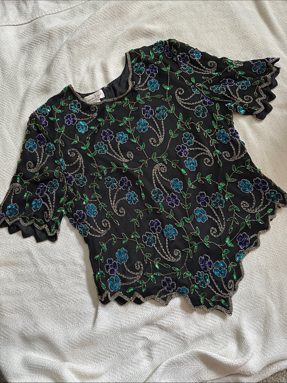 Laurence Kazar Paris New York women’s silk floral beaded sequins top